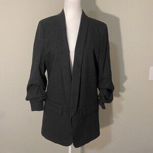 Zara Charcoal Black Ruched Sleeves Open Front Blazer - Size Medium